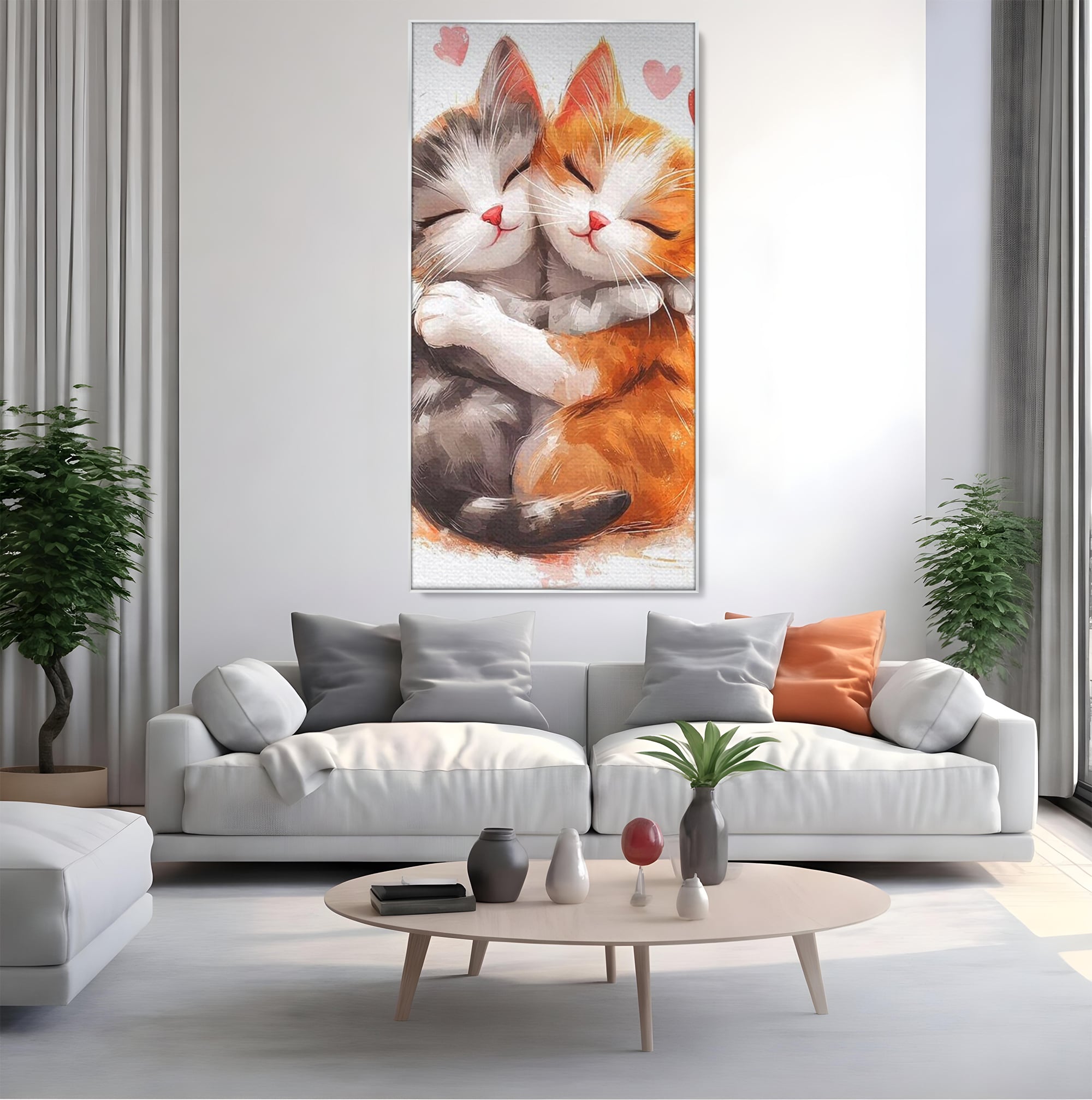 Tablou canvas cu doua pisicute care se imbratiseaza, in rama de aluminiu argintiu, pe perete intr-un living